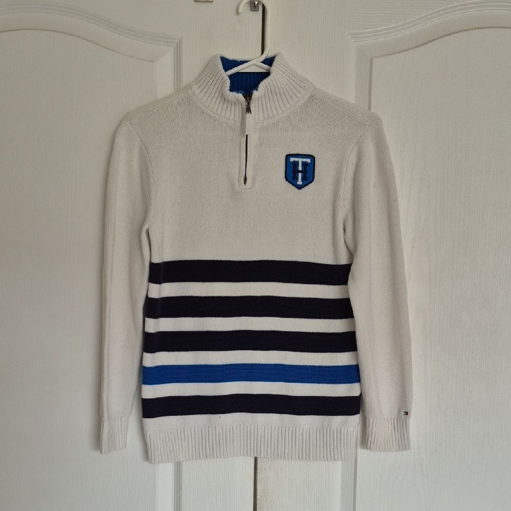 Tommy Hilfiger White and Blue Striped Zip-Up Sweater